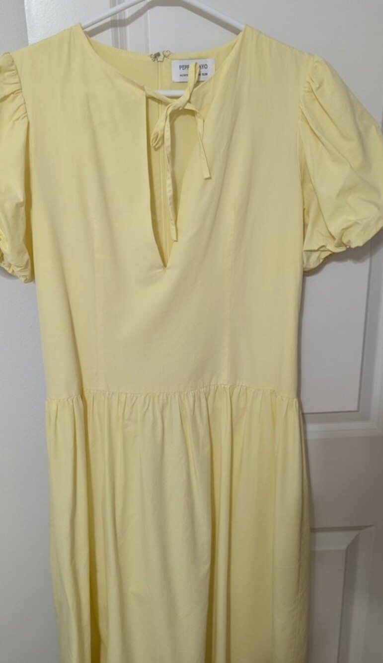 Peppermayo Pale Yellow Puff-Sleeve Tie-Neck Dress